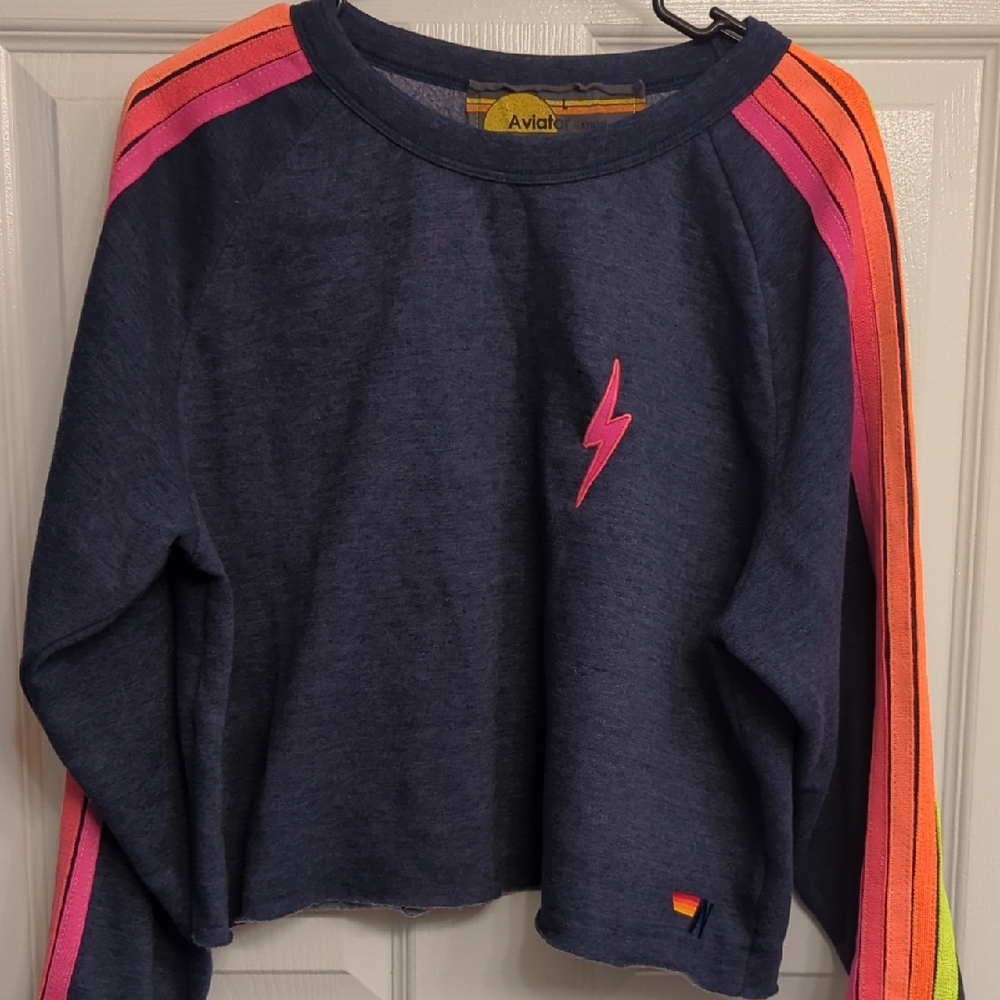 Aviator Nation Blue and Pink Sweatshirt with Colorful Stripes